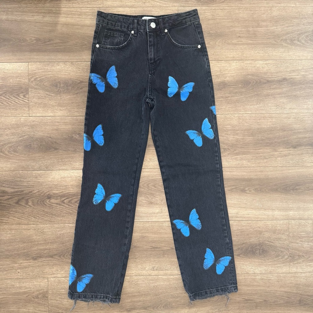 Reputation Studios Black Blue Butterfly Jeans Straight Raw Hem Women’s XS